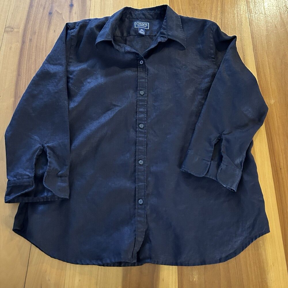 Chaps Women’s Button Up. XL. Linen. Roll Up Sleeves. Black.